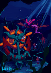  absurdres air_bubble anchor bubble commentary_request dhelmise dragalge full_body highres k_h_t222 light_rays no_humans pokemon pokemon_(creature) pokemon_focus seaweed ship's_wheel signature skrelp underwater 