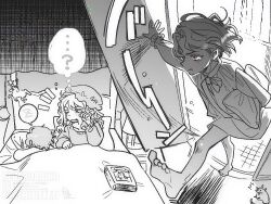  ...? 1boy 1girl barefoot bed bedroom closed_mouth commentary_request don_quixote_(project_moon) door greyscale hat holding holding_pillow kicking la_manchaland's_don_quixote_(project_moon) limbus_company long_sleeves mob_cap monochrome nightgown opening_door parted_lips pillow project_moon puffy_long_sleeves puffy_sleeves red_eyes sancho_(project_moon) short_hair speech_bubble tama_launcher thought_bubble wavy_hair 