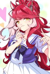  1girl 5jskyk absurdres animal_ears blush bow bowtie breasts closed_mouth commentary_request facial_mark hair_between_eyes hair_ornament heart heart_facial_mark heart_on_cheek highres horse_ears horse_girl horse_tail long_hair looking_at_viewer loves_only_you_(umamusume) medium_breasts mole mole_on_neck multicolored_hair pleated_skirt puffy_short_sleeves puffy_sleeves purple_bow purple_bowtie purple_shirt red_hair sailor_collar sailor_shirt school_uniform shirt short_sleeves skirt solo tail tracen_school_uniform umamusume white_sailor_collar white_skirt yellow_eyes 