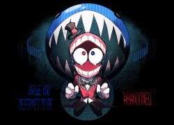  1boy absurdres black_background black_eyes black_hat black_pants blue_background blue_eyes bubble_(the_amazing_digital_circus) buttons caine_(the_amazing_digital_circus) coat collared_shirt commentary crying crying_with_eyes_open dentures english_commentary english_text fewer_digits floating_hat from_above full_body glitch gloves hands_up hat hat_tip heterochromia highres long_sleeves looking_at_viewer male_focus mini_hat mini_top_hat open_mouth pants red_coat red_eyes sharp_teeth shirt simple_background sitting solid_circle_eyes solo straight-on suit tears teeth the_amazing_digital_circus top_hat twitter_username vizu001 wariza white_gloves white_shirt 