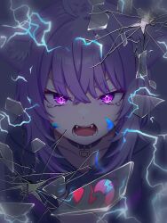  1girl ahoge angry animal_ear_fluff animal_ears black_hoodie broken_glass cat_ears cat_girl clutching_chest commentary_request crying crying_with_eyes_open electricity fangs glaring glass highres hololive hood hoodie kamineko_(kamineko9675) looking_at_viewer marking_on_cheek nekomata_okayu nekomata_okayu_(1st_costume) open_mouth purple_hair slit_pupils solo tears teeth upper_body violet_eyes virtual_youtuber 