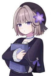  1girl absurdres book brown_hair commentary_request dress flower herta_(honkai:_star_rail) herta_(puppet)_(honkai:_star_rail) highres holding holding_book honkai:_star_rail honkai_(series) lapis_nt short_hair violet_eyes 