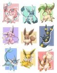  absurdres animal_hands blue_background blue_eyes bow bowtie brown_eyes collage commentary_request dot_nose eevee espeon fins flareon forked_tail fur_collar gem glaceon green_background head_fins highres jolteon leaf leafeon looking_at_viewer no_humans open_mouth pink_background pokemon pokemon_(creature) purple_background red_background red_eyes red_gemstone ribbon sitting sylveon tail towa_(clonea) umbreon vaporeon violet_eyes white_background white_bow white_bowtie white_fur yellow_background yellow_fur 