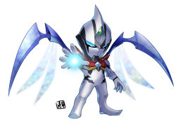  alien armor breastplate chibi chouzin_z color_timer colored_skin commentary_request compound_eyes dorsal_fin energy_ball energy_wings glowing glowing_eyes highres horns humanoid_robot looking_at_viewer mecha mecha_focus mechanical_wings multicolored_skin nakano_haito no_humans powering_up robot science_fiction silver_skin single_horn solo standing super_hero_operations super_robot_wars tokusatsu ultra_series wings 
