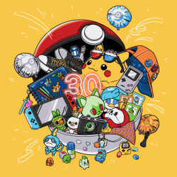  anniversary balloon baseball_cap black-framed_eyewear black_shoes blue_gem bulbasaur camera card charm_(object) charmander chespin chess_piece chikorita chimchar commentary_request cyndaquil dice fat_pikachu fennekin froakie fuecoco game_boy game_boy_(original) gem green_gem grookey handheld_game_console hat litten mudkip nintendo_switch no_humans notebook object_focus open_poke_ball orange_hat oshawott pikachu piplup pocket_pikachu poke_ball poke_ball_(basic) poke_ball_theme pokemon pokemon_bw pokemon_card pokemon_day pokemon_dppt pokemon_gsc pokemon_rgby pokemon_rse pokemon_sm pokemon_sv pokemon_swsh pokemon_tcg pokemon_xy popplio quaxly red_gem rowlet sakuramochi0906 scorbunny shoelaces shoes snivy sobble sprigatito squirtle streamers stuffed_toy tepig tinted_eyewear torchic totodile trading_card treecko turtwig unworn_shoes yellow_background 