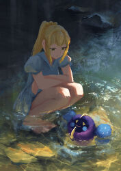  1girl absurdres bare_legs barefoot blonde_hair cchan_tuka commentary cosmog green_eyes highres lillie_(pokemon) looking_at_animal looking_down pokemon pokemon_(creature) pokemon_sm ponytail shirt skirt squatting untranslatable_commentary water white_shirt white_skirt 
