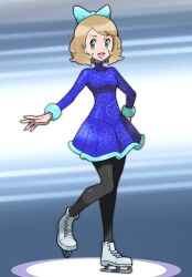  1girl absurdres alternate_costume black_pantyhose blonde_hair blue_bow blue_dress bow dot_nose dress earrings figure_skating_dress hair_bow highres ice_skates jewelry long_sleeves looking_at_viewer open_mouth outstretched_arm pantyhose pokemon pokemon_xy serena_(pokemon) short_dress short_hair siczak skates smile solo standing standing_on_one_leg tachi-e turtleneck turtleneck_dress 