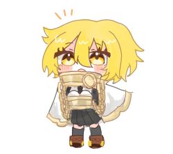  1girl black_necktie black_skirt black_thighhighs blonde_hair blush brown_shoes cape chain chained chained_wrists chibi collar cuffs don_quixote_(project_moon) gloves handcuffs index_(identity)_(project_moon) jacket limbus_company long_sleeves looking_at_viewer monuko_nu necktie project_moon shirt shoes short_hair skirt solo thigh-highs white_background white_cape white_shirt yellow_eyes 