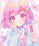  1girl :q absurdres blue_sweater candy food gumi_(framboise_5204) hair_between_eyes hair_ornament highres holding holding_food long_sleeves necktie ootori_emu pink_eyes pink_hair pink_necktie project_sekai solo star_(symbol) star_hair_ornament sweater tongue tongue_out 