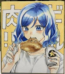  1girl aged_up aikatsu! aikatsu!_(series) beer_can blue_eyes blue_hair can chicken_(food) chicken_leg commentary_request drink_can eating food holding holding_can holding_food kiriya_aoi looking_down official_alternate_hair_length official_alternate_hairstyle sapporo_beer shikishi short_hair solo swept_bangs translation_request uogashi_sorato upper_body yellow_background 