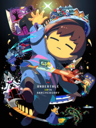  1boy alphys anniversary asgore_dreemurr brown_hair closed_eyes commentary_request flowey_(undertale) frisk_(undertale) highres itsuki_(nightlight) jumping mettaton mettaton_ex monster_kid_(undertale) muffet napstablook papyrus_(undertale) sans_(undertale) striped_clothes temmie toriel undertale undyne utdr_(toby_fox) 