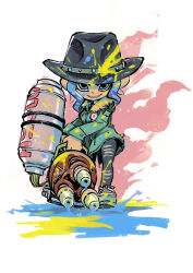  1girl black_hat blue_eyes blue_hair commentary_request eyelashes full_body green_jacket grin hat highres holding holding_weapon jacket long_sleeves muramasa_mikado octoling octoling_girl octoling_player_character paint_on_clothes paint_splatter paint_splatter_on_face shoes smile solo splatoon_(series) standing teeth weapon weapon_request 