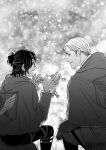  1other campfire erwin_smith eye_contact eyepatch feet_out_of_frame from_behind greyscale hands_up hange_zoe happy highres kikoosyu levi_(shingeki_no_kyojin) looking_at_another male_focus monochrome shingeki_no_kyojin short_hair sideburns sitting survey_corps_(emblem) talking thick_eyebrows 