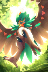  claws day decidueye foliage highres incoming_attack looking_at_viewer no_humans outdoors pokemon pokemon_(creature) pokemon_focus rumine_(yoshi1234567) spread_wings 