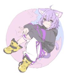  1girl :3 ahoge animal_ear_fluff animal_ears asymmetrical_pants black_hoodie cat cat_background cat_ears cat_girl cat_tail closed_mouth commentary_request full_body hair_between_eyes highres hololive hood hoodie jaggy_lines long_sleeves looking_at_viewer marugayotsu nekomata_okayu nekomata_okayu_(1st_costume) pants purple_hair purple_tail shoes short_hair sitting sneakers solo sweatpants tail v violet_eyes virtual_youtuber white_pants yellow_shoes 