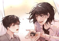  1girl 2boys :d :o abopikjang aegyo_sal animal_ears black_eyes black_hair black_shirt collared_shirt commentary curled_up curtains english_commentary falling_petals furrification furry grey_shirt han_sooyoung han_sooyoung_(1863rd_turn) highres kim_dokja mini_person miniboy multiple_boys oldest_dream omniscient_reader's_viewpoint petals shirt short_hair smile tail undershirt white_shirt wolf_boy wolf_ears wolf_tail yoo_joonghyuk 