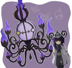  1girl belt belt_buckle black_pantyhose blue_gloves blunt_bangs blush bob_cut buckle chandelure closed_mouth coat commentary_request dress evolutionary_line gloves gwynn_(pokemon) hat lampent litwick long_sleeves looking_at_viewer mega_chandelure mega_stone o-ring o-ring_belt open_clothes open_coat outline pantyhose partially_fingerless_gloves pi_(cmgc4742) pokemon pokemon_(creature) pokemon_legends:_z-a purple_background purple_hair short_hair sleeveless sleeveless_dress violet_eyes white_coat white_outline 