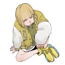  1girl arm_on_knee bleach bleach:_sennen_kessen-hen blonde_hair blunt_bangs candy contemporary food food_in_mouth from_above highres jacket letterman_jacket liltotto_lamperd lollipop lollipop_in_mouth looking_at_viewer looking_up open_clothes open_jacket sharp_teeth sitting solo teeth white_background yellow_eyes zn_66 