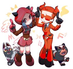  2girls :d black_gloves black_necktie black_shoes blue_eyes blue_hair brown_leg_warmers brown_sweater collared_shirt colored_sclera commentary_request fangs gloves hands_up highres hood hood_up hooded_vest hoodie horns_pose houndour index_fingers_raised jacket korean_commentary lapels leg_warmers long_sleeves looking_at_viewer multicolored_gloves multiple_girls necktie open_mouth pants parted_lips pokemon pokemon_(creature) pokemon_oras pokemon_xy poochyena pouch puffy_shorts red-tinted_eyewear red_eyes red_gloves red_hair red_jacket red_pants red_shoes red_shorts red_suit red_vest ribbed_sweater shaded_face sharp_teeth shirt shoes short_hair short_shorts shorts sidelocks smile standing suit sunglasses sweater team_flare team_flare_grunt team_flare_uniform team_magma team_magma_grunt team_magma_uniform teeth tinted_eyewear two-tone_gloves two_side_up v-shaped_eyebrows vest white_shirt wing_collar youlil_01 