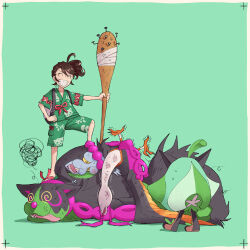  1girl @_@ ^_^ backpack bag baseball_bat beaten border brown_hair closed_eyes commentary_request eyelashes festival_jinbei fezandipiti green_background green_shirt green_shorts grin highres holding holding_baseball_bat holding_weapon how_long injury jinbei juliana_(festival_jinbei)_(pokemon) juliana_(pokemon) medium_hair munkidori nail_(hardware) nail_bat official_alternate_costume official_alternate_hairstyle ogerpon ogerpon_(teal_mask) okidogi open_mouth pokemon pokemon_(creature) pokemon_sv sandals scratches sharp_teeth shirt short_sleeves shorts side_ponytail simple_background smile spiral-only_eyes squiggle teeth trembling weapon white_border 