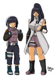  1girl black_hair breasts byakugan capelet dual_persona elbow_sleeve fingerless_gloves flak_jacket forehead_protector gauntlets gloves highres hyuuga_hinata jacket karystmania konohagakure_symbol large_breasts long_hair looking_at_viewer naruto_(classic) naruto_(series) naruto_shippuuden ninja no_pupils pants ponytail redesign short_hair smile violet_eyes white_eyes 