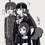  ... 1boy 2girls a_iu_(365harumakilove) ahoge bow bowtie carrying carrying_person cowboy_shot danganronpa_(series) danganronpa_v3:_killing_harmony hair_ornament hair_scrunchie jacket long_hair low_twintails miniskirt mole mole_under_eye multiple_girls pants pleated_skirt pout saihara_shuichi sailor_collar scrunchie short_hair skirt spoken_ellipsis striped striped_jacket striped_pants translation_request twintails 