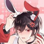  1boy anger_vein animal_ears aquarius_(artist) ayn_(for_all_time) bandaid black_choker black_hair black_hairband blush choker embarrassed fake_animal_ears for_all_time hair_between_eyes hairband hand_on_headwear hands_up jacket long_sleeves looking_at_viewer lower_teeth_only male_focus off_shoulder parted_lips pink_background portrait rabbit_ears red_eyes red_jacket short_hair solo tank_top teeth white_tank_top 