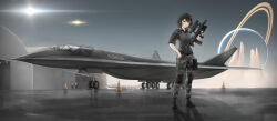  1girl aircraft_hanger black_hair boots camouflage gun hair_ornament highres landing_gear original painlnajar pants scenery short_hair star_(sky) submachine_gun weapon weapon_request 