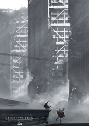  abandoned absurdres bird broken building cape english_text highres original post-apocalypse prezonya46 re:extinction ruins scenery solo 