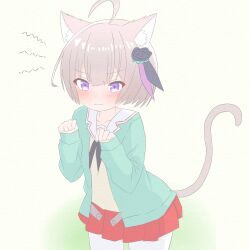  1girl ahoge animal_ear_fluff animal_ears aqua_cardigan black_flower black_neckerchief black_ribbon blunt_bangs blush cardigan cat_ears cat_girl cat_tail closed_mouth cowboy_shot flower frown grey_hair hair_between_eyes hair_flower hair_ornament hair_ribbon hands_up heaven_burns_red kemonomimi_mode looking_at_viewer luck_hebuban minase_sumomo miniskirt neckerchief open_cardigan open_clothes pantyhose paw_pose pleated_skirt purple_ribbon red_skirt ribbon sailor_collar short_hair simple_background skirt sleeves_past_wrists solo squiggle tail v-shaped_eyebrows violet_eyes wavy_mouth white_background white_pantyhose white_sailor_collar 