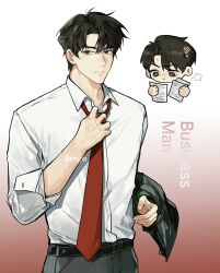  1boy abopikjang adjusting_clothes adjusting_necktie belt black_eyes black_hair black_jacket chibi chibi_inset collared_shirt cowboy_shot curtained_hair highres holding holding_paper jacket jacket_on_arm looking_to_the_side multiple_views necktie omniscient_reader's_viewpoint paper red_necktie shirt shirt_tucked_in short_hair white_shirt yoo_joonghyuk 