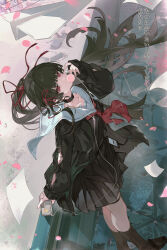 1girl absurdres arm_cutout black_hair black_serafuku black_skirt blunt_bangs chisa_(wuthering_waves) clothing_cutout commentary_request hair_ribbon high_ponytail highres in-ear_earphones loafers long_hair looking_at_viewer mole mole_under_eye neckerchief paper_airplane petals ponytail red_eyes red_neckerchief red_ribbon ribbon roroc2x_x sailor_collar school_uniform serafuku shoes skirt solo tacet_mark_(wuthering_waves) thigh_strap translation_request white_sailor_collar wuthering_waves 