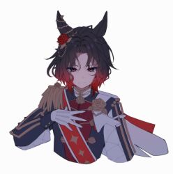  ahoge animal_ears black_hair black_jacket brooch closed_mouth commentary_request cropped_torso ear_flower ear_ornament epaulettes flower flower_brooch four-pointed_star gloves gradient_hair highres horse_ears horse_girl jacket jewelry long_sleeves looking_at_viewer multicolored_hair print_sash red_hair red_sash rose_kingdom_(umamusume) sash short_hair simple_background temari_maco two-tone_hair umamusume vertical-striped_sleeves white_background white_gloves 