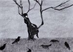  1girl bare_tree bird closed_eyes crow dress full_body grass greyscale horizon kgeroua long_sleeves monochrome original short_hair sleeping solo tree 