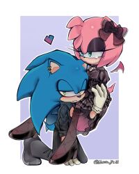  1boy 1girl alternate_costume amy_rose animal_nose black_boots black_dress black_eyeliner black_eyeshadow black_ribbon black_shoes blue_fur boots commentary crying crying_with_eyes_open dress ear_piercing eyeliner eyeshadow frilled_dress frills furry furry_female furry_male furry_with_furry gloves goth_fashion gothic_lolita green_eyes hair_ribbon heart hedgehog_boy hedgehog_girl lolita_fashion makeup naran_(naran_ja_22) piercing pink_fur ribbon shoes short_tail sonic_(series) sonic_the_hedgehog tail tears white_gloves wings 