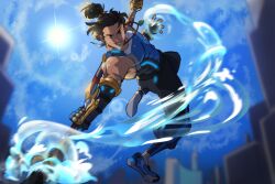  1boy asymmetrical_gloves bare_shoulders black_hair black_pants blue_shoes blue_tank_top bodysuit brown_eyes collarbone covered_abs covered_pectorals dynamic_pose earrings elbow_gloves fighting_stance fingerless_gloves from_below gloves hair_bun highres holding holding_behind_back holding_polearm holding_weapon holding_weapon_behind_back hydrokinesis jade_(gemstone) jewelry jumping necklace overwatch pants pectorals pendant polearm rectangular_earrings rxsselin shoes sidepec single_earring single_elbow_glove sky sleeveless sleeveless_bodysuit sneakers sunlight tank_top tight_clothes toned toned_male topknot uneven_gloves water weapon wuyang_(overwatch) 