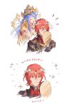  1boy 1girl :d alear_(fire_emblem) alear_(male)_(fire_emblem) black_gloves blue_hair closed_mouth crown fire_emblem fire_emblem_engage flower gloves hahahashagi hair_ornament hand_mirror highres holding holding_mirror long_hair looking_at_mirror lumera_(fire_emblem) mirror mother_and_son red_eyes redhead short_hair smile white_background 