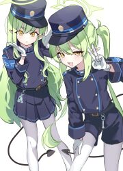  2girls :< :d absurdres armband black_hat black_shorts black_skirt blue_archive blue_armband commentary_request demon_tail fang gloves green_hair halo hand_on_own_thigh hat highres hikari_(blue_archive) kario long_hair multiple_girls nozomi_(blue_archive) open_mouth pantyhose peaked_cap pleated_skirt pointy_ears shorts siblings simple_background sisters skirt smile tail twins twintails v white_background white_gloves white_pantyhose yellow_eyes 