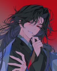  1boy black_hair black_hanfu blush chinese_clothes commentary_request curtained_hair facial_mark forehead_mark grin hand_on_own_chest hand_up hanfu head_tilt highres kikie0101 korean_commentary long_hair long_sleeves looking_at_viewer luo_binghe male_focus messy_hair parted_bangs pinching_sleeves portrait rainbow_gradient red_background red_eyes renzha_fanpai_zijiu_xitong smile solo wide_sleeves wolf_cut zuiyin 