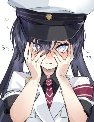  1girl armband black_hair black_shirt blush collared_shirt commentary_request grey_eyes hair_between_eyes hands_on_own_face hat highres jacket long_hair military_hat military_jacket minus_(reverseblue) necktie peaked_cap red_armband red_necktie reverseblue_x_re-birthend ro/ku shirt short_sleeves solo striped_clothes striped_necktie sweat twintails white_hat white_jacket 