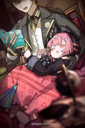  absurdres aemeath_(wuthering_waves) aemeath_(young)_(wuthering_waves) black_hair blanket blush commentary fingerless_gloves gloves highres male_rover_(perpetual_spark)_(wuthering_waves) male_rover_(wuthering_waves) on_bed paper_airplane pink_hair reading rover_(wuthering_waves) ryeon_(naturesan) sleeping stuffed_animal stuffed_toy tagme untranslatable_commentary wuthering_waves yellow_eyes 
