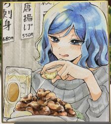  1girl :q aged_up aikatsu! aikatsu!_(series) beer_mug blue_eyes blue_hair chicken_(food) commentary_request cup food fried_chicken fruit grey_sweater holding holding_food holding_fruit kiriya_aoi lemon lemon_slice mug official_alternate_hair_length official_alternate_hairstyle plate shikishi short_hair smile solo sweater tongue tongue_out traditional_media translation_request uogashi_sorato 