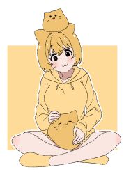  1girl :3 =_= animal_ears black_eyes blob_(google) blobcat blush bob_cut breasts cat_ears cat_girl closed_eyes creature_and_personification facial_mark hair_between_eyes highres hood hood_down hoodie long_sleeves matatabeat misskey.io on_head on_lap open_mouth orange_hair orange_hoodie orange_socks personification short_hair simple_background sitting sleeves_past_wrists socks solid_circle_eyes two-tone_background whisker_markings 