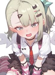  1girl angel_wings arm_warmers bandaid bandaid_hair_ornament black_choker black_skirt blush cat_hair_ornament choker commentary fake_wings fang fur-trimmed_skirt fur_trim green_eyes green_hair hair_ornament heart heart_hair_ornament heoningu highres leg_warmers looking_at_viewer necktie open_mouth pink_arm_warmers pink_leg_warmers red_necktie shirt simple_background single_sidelock sitting skin_fang skirt solo striped_arm_warmers striped_leg_warmers sunna_(zenless_zone_zero) untranslatable_commentary wariza white_arm_warmers white_background white_leg_warmers white_shirt white_wings wings x_hair_ornament zenless_zone_zero 