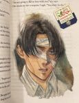  1boy arabic_text artist_name bandage_over_one_eye black_hair collared_shirt cropped_head grey_eyes highres levi_(shingeki_no_kyojin) looking_at_viewer male_focus open_mouth photo_(medium) shingeki_no_kyojin shirt short_hair solo stitches tafart teabag traditional_media unconventional_media 