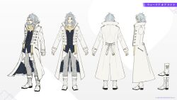  1boy a-pose boots coat commentary_request copyright_notice dissidia_duellum_final_fantasy dissidia_final_fantasy final_fantasy final_fantasy_i grey_hair multiple_views official_alternate_costume official_art pants reference_sheet scarf solo striped_clothes striped_pants turnaround vertical-striped_clothes vertical-striped_pants warrior_of_light_(ff1) warrior_of_light_(twilight_overcoat)_(ff1) white_boots white_coat yellow_scarf 