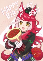 1girl absurdres animal_ears asymmetrical_gloves black_gloves black_jacket blush bouquet breasts commentary_request facial_mark flower gloves hair_between_eyes hair_ornament happy_birthday hat heart heart_facial_mark heart_on_cheek highres holding holding_bouquet horse_ears horse_girl horse_tail jacket karintou_chuchu long_hair looking_at_viewer loves_only_you_(9927_wishes)_(umamusume) loves_only_you_(umamusume) mini_hat mini_top_hat mismatched_gloves mole mole_on_neck multicolored_hair open_mouth red_hair skirt smile solo tail top_hat umamusume white_gloves yellow_eyes 
