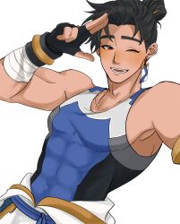  1boy absurdres armpits bandaged_arm bandages bare_shoulders black_hair blue_tank_top bodysuit brown_eyes clothes_around_waist collarbone covered_abs covered_pectorals earrings elbow_gloves fingerless_gloves flat_color gloves hair_bun highres jewelry light_blush looking_at_viewer muscular muscular_male one_eye_closed ooo0_a overwatch pectorals rectangular_earrings salute sidepec simple_background single_earring single_elbow_glove sleeveless sleeveless_bodysuit smile tank_top tight_clothes topknot two-finger_salute white_background wuyang_(overwatch) 
