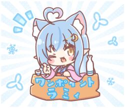  1girl ;d ahoge animal_ear_fluff animal_ears blue_hair blue_kimono brown_eyes chibi choko_(cup) commentary_request cup fang gradient_hair hair_ornament heart heart_ahoge highres hololive index_finger_raised japanese_clothes kimono long_hair long_sleeves looking_at_viewer mitarashi_neko multicolored_hair notice_lines one_eye_closed open_clothes pink_hair pointy_ears polka_dot polka_dot_background sign smile solo streaked_hair sunburst sunburst_background tokkuri translation_request upper_body virtual_youtuber wide_sleeves yukihana_lamy 
