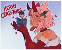  1boy 1girl :d animal_ears bare_shoulders black_hair blue_horns blue_scales blue_tail blunt_bangs blunt_ends box cat_ears cat_girl choker christmas commentary elbow_gloves english_commentary from_side fur-trimmed_gloves fur_trim gift gift_box glasses gloves hair_between_horns hands_up heart highres holding holding_box horns in_box in_container merry_christmas mini_person miniboy mistletoe mistletoe_hair_ornament oni oniiyanna open_mouth original pink_hair pointy_ears red_choker red_eyes red_gloves red_horns round_eyewear ryoma_onishi_(oniiyanna) santa_costume short_hair smile upper_body violet_eyes yat'cha_(oniiyanna) 